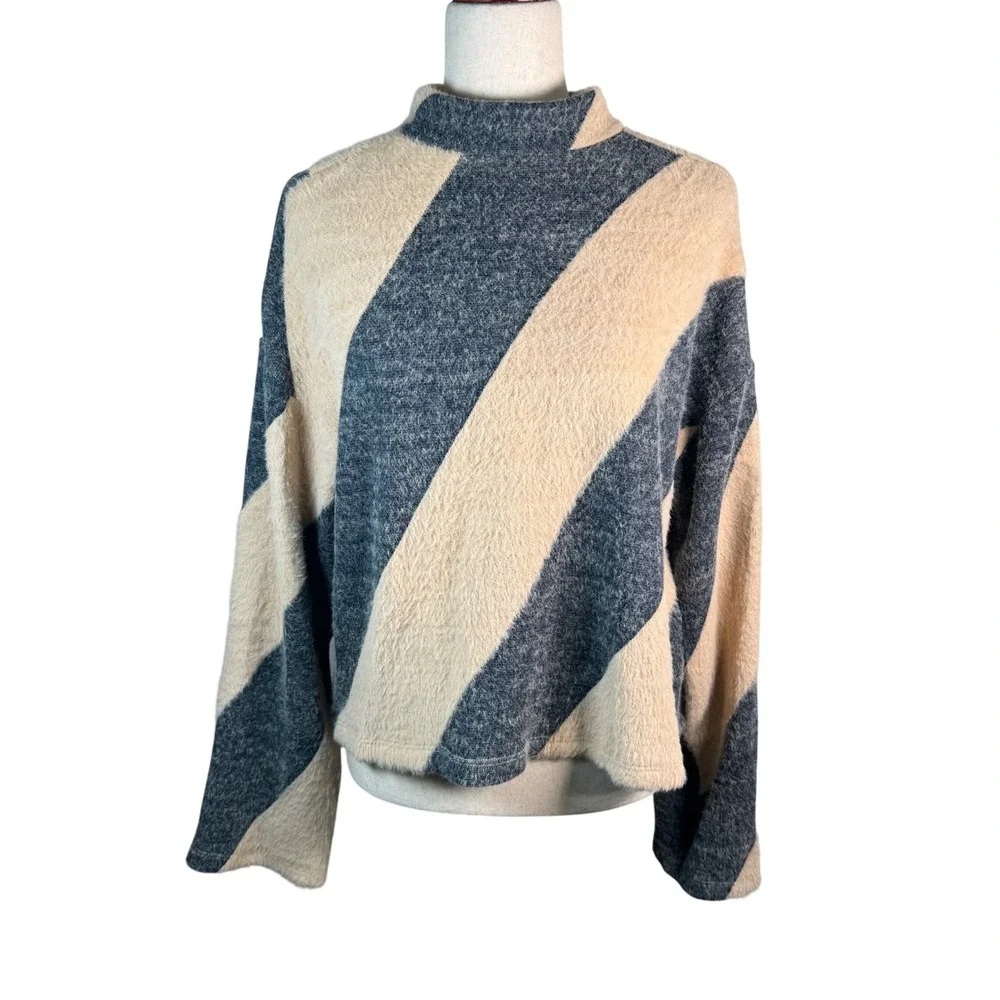 Maeve Anthropologie Fuzzy Mock Neck‎ Sweater L Colorblock Stripe Cozy Soft Knit